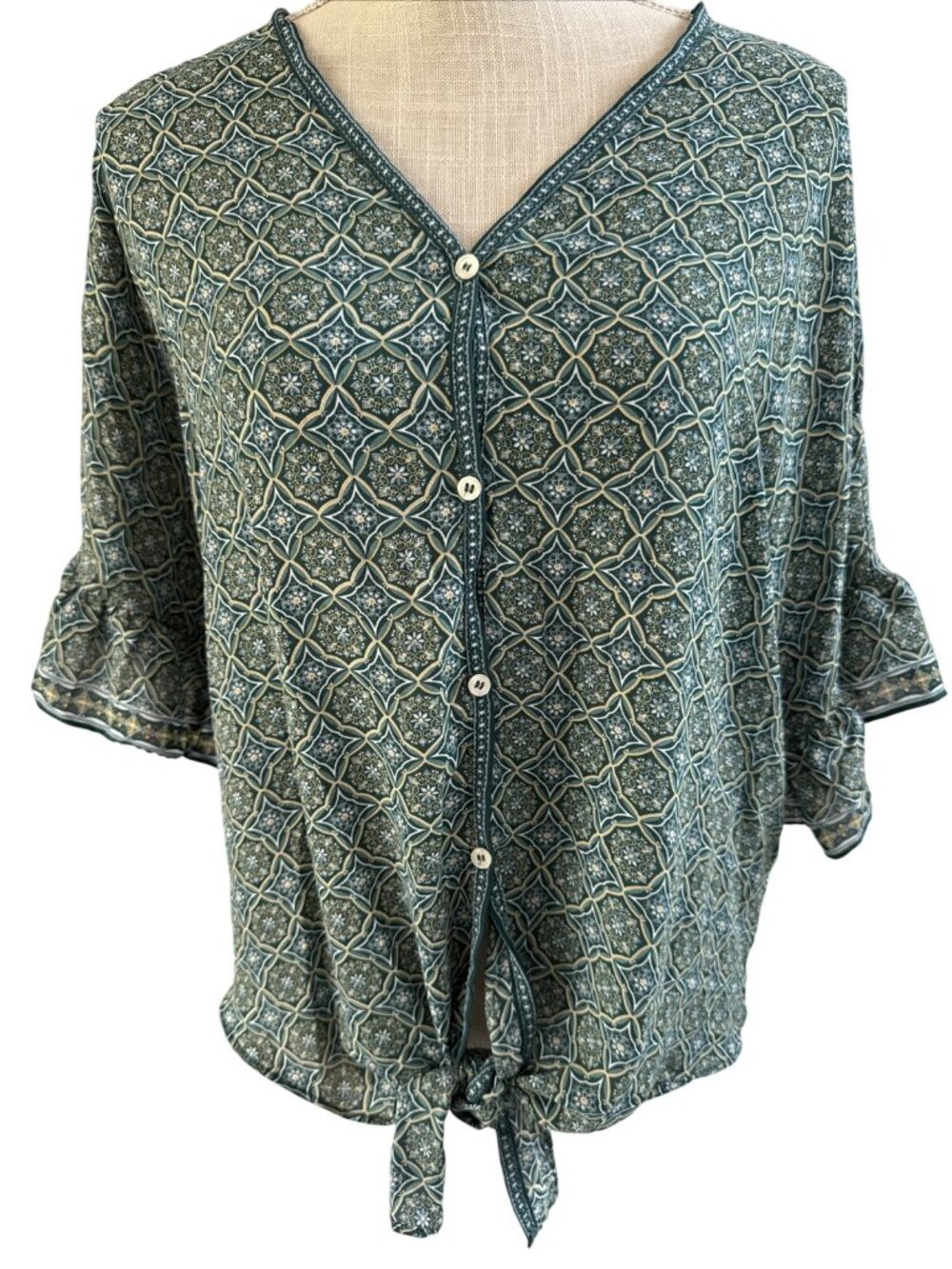 Max Studio Boho Chic Geometric Print Kimono Sleeve Tie Blouse Top L